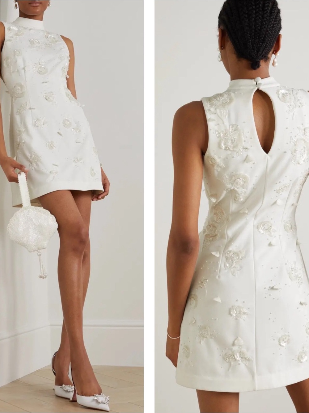CLIP PEPPIATT Floral Appliqué Crystal Embellished White Mini Dress Size Small